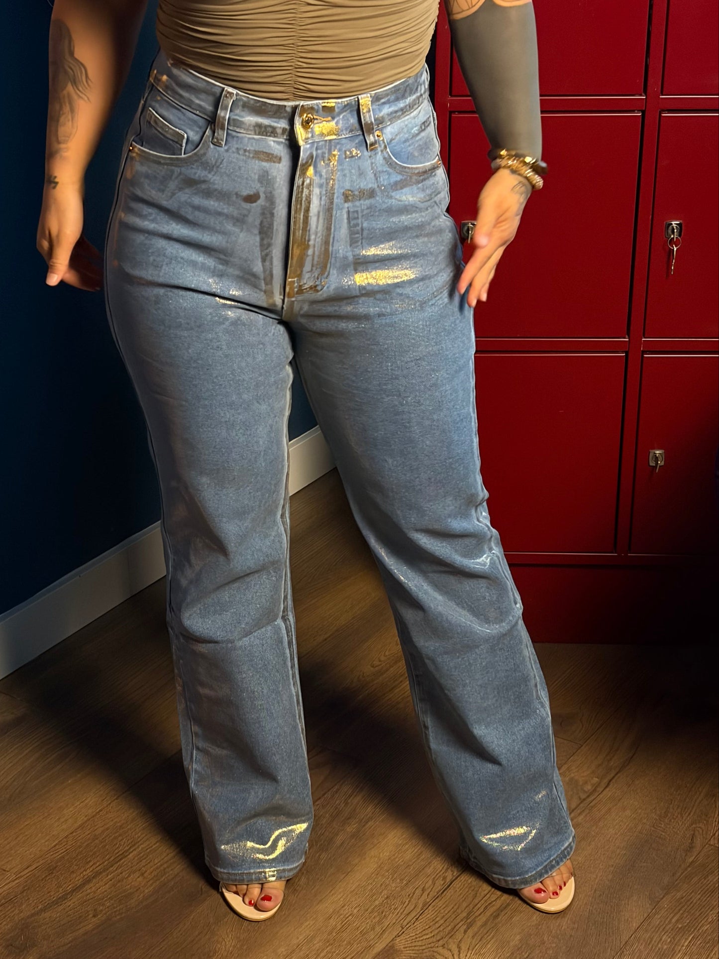 Glitter denim high waist wide leg