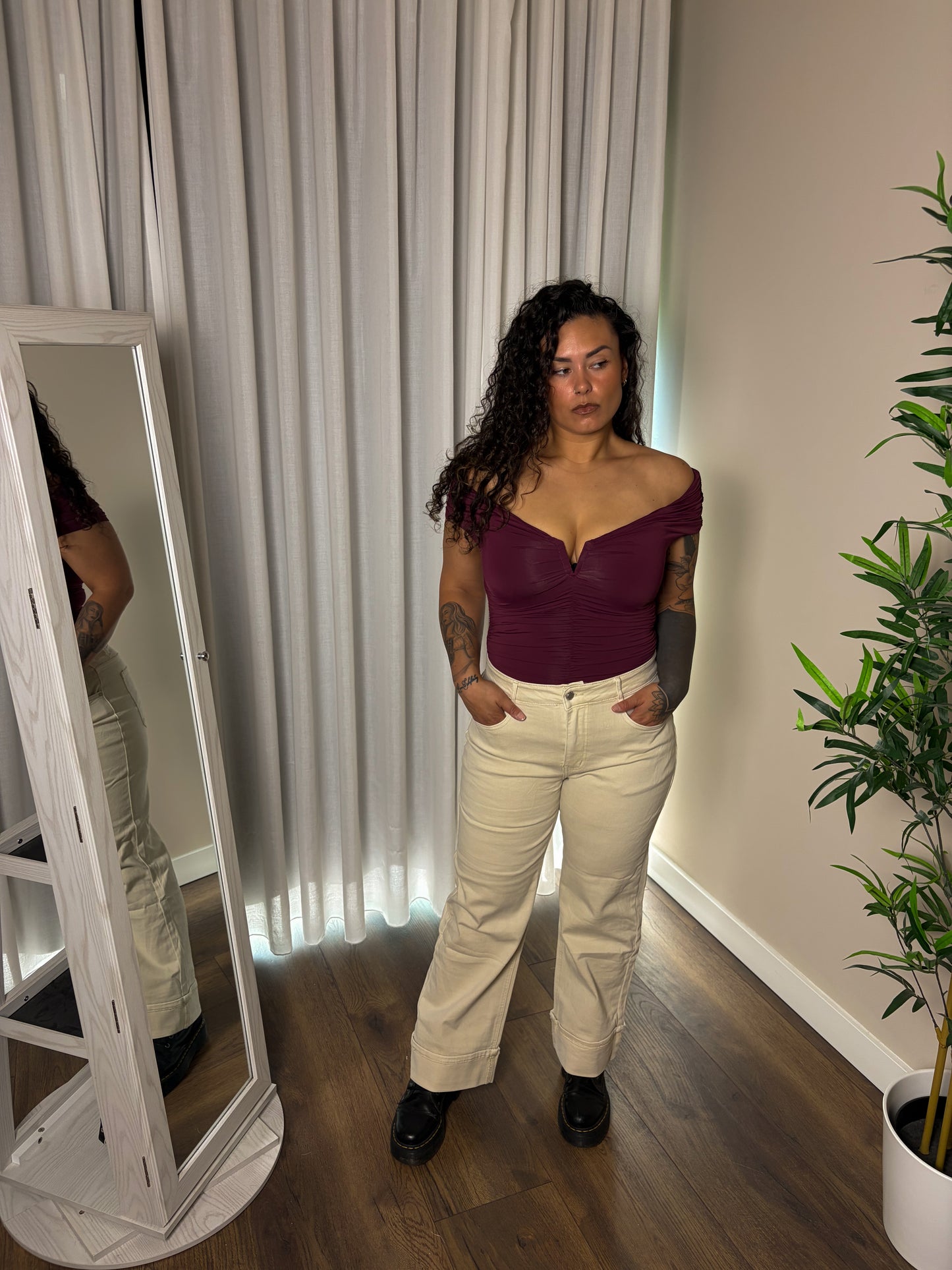 Cream folded wide leg